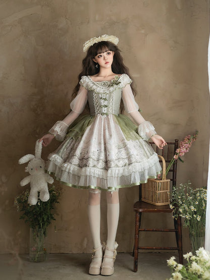 Lace Sleeves Dress Teacup and Rabbit Print Trimmings Lolita Long Green with