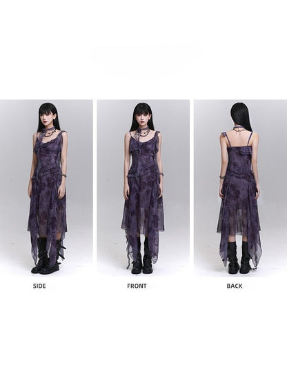 Flowing Strap Dress Matching Purple Handkerchief Neck Gothic Tie-Dye Hem with Ribbons Slip