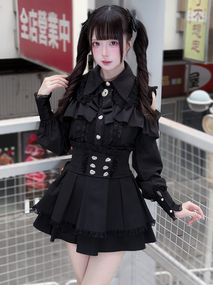 Kei Look Blouse Buckle Cutout Black Shoulder Heart Decorative with | Jirai