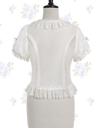 Ivory Blouse with Voluminous Sleeves, Frilly Edging & Ribbon Tie - Stars Fall on the Foggy Island