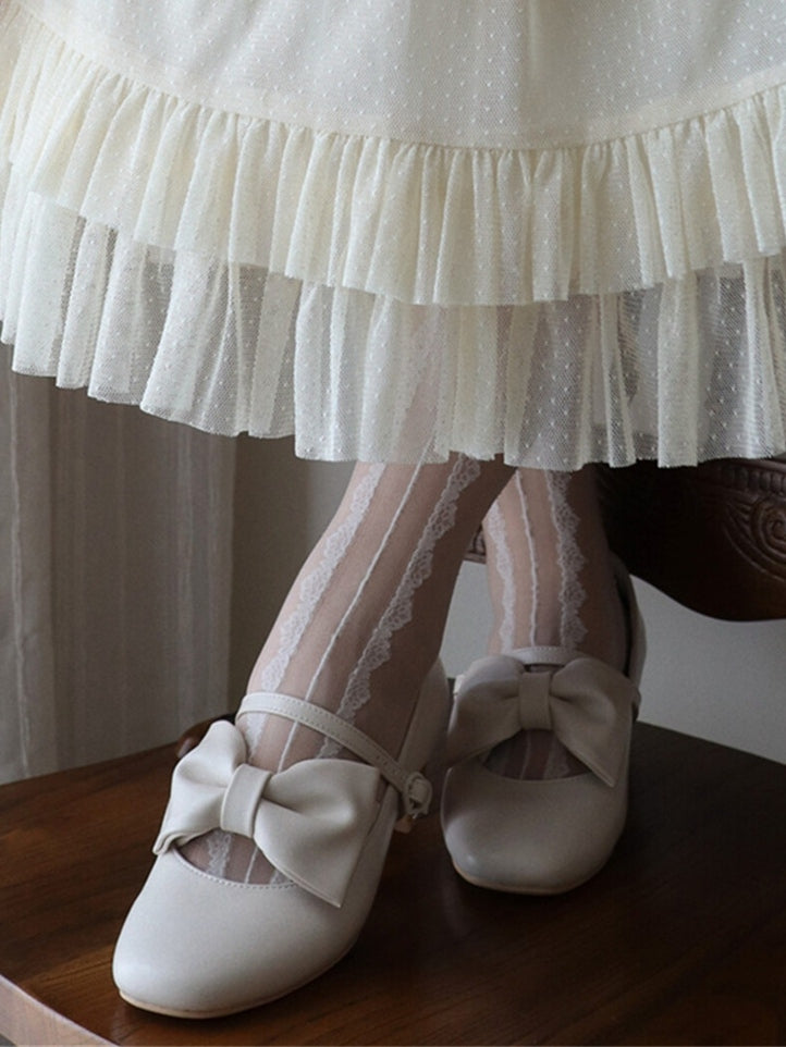 Heart with - Bow Off-white Decor Classic Clasp Mary Heel PU Romantic in Mid Janes