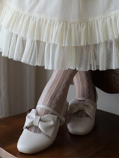 Heart with - Bow Off-white Decor Classic Clasp Mary Heel PU Romantic in Mid Janes