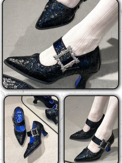 Crack Black 6.5CM Pointed Toe Heels with Bat Wing and Square Buckle Gothic Accents - NRose