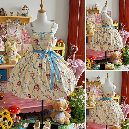 Süßes Lolita-Kleid, süßer Showa-Pullover, gelber Kitty-Creme-Print-Rock, flauschig