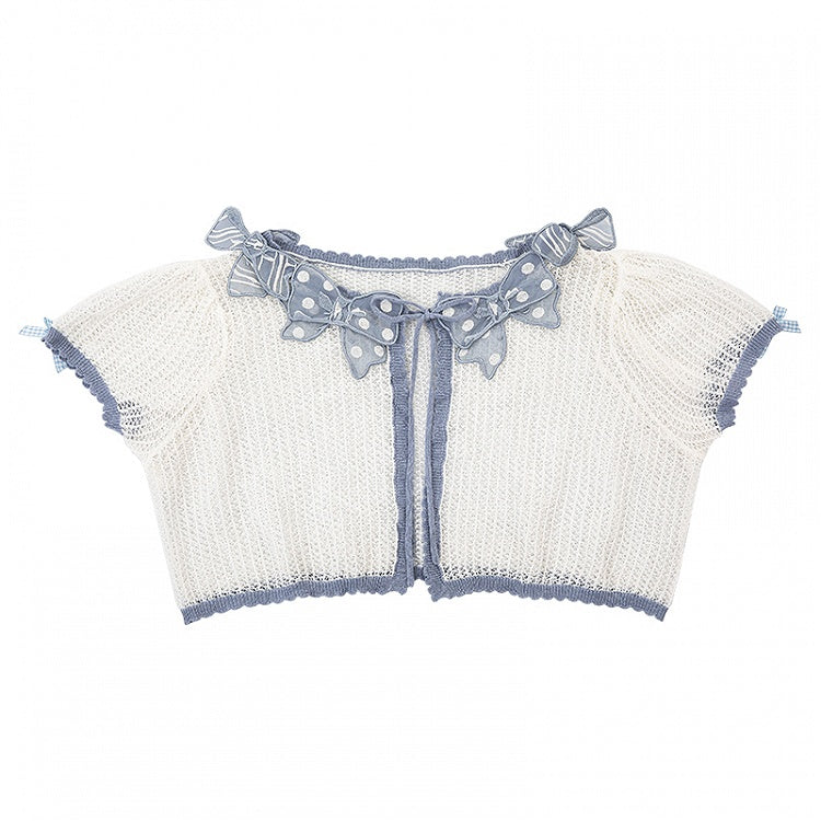 Blue Bowknot Applique Neckline Short Sleeves Top