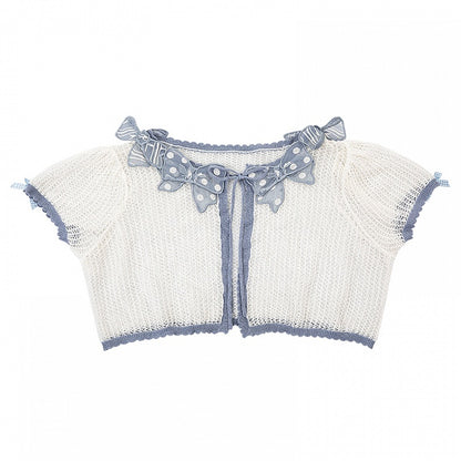 Blue Bowknot Applique Neckline Short Sleeves Top