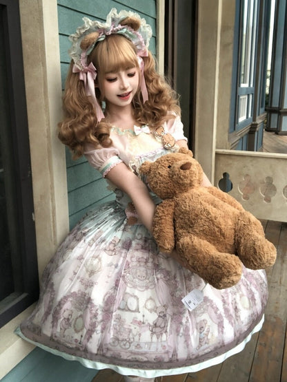 Rose & Mint Short Sleeve OP Gown with Bear Motif - Lunethe