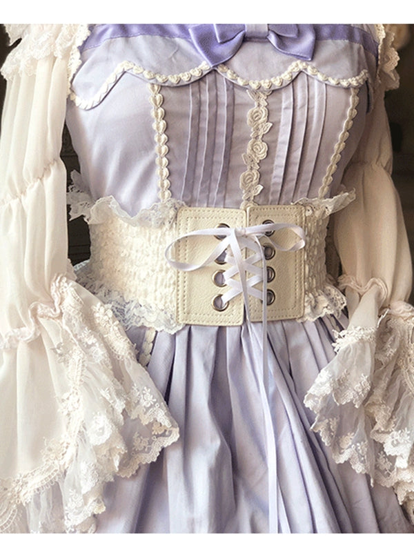 Lace-Up Corset Lace-Trimmed Front White/Coffee Belt Lolita with