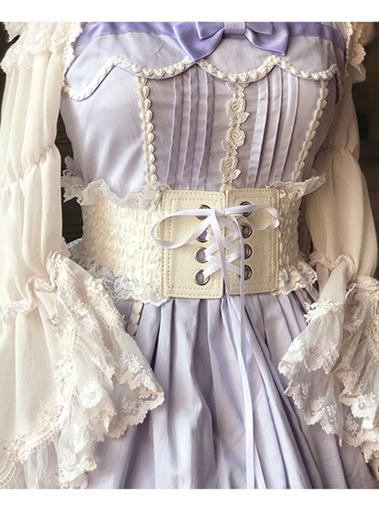 Lace-Up Corset Lace-Trimmed Front White/Coffee Belt Lolita with