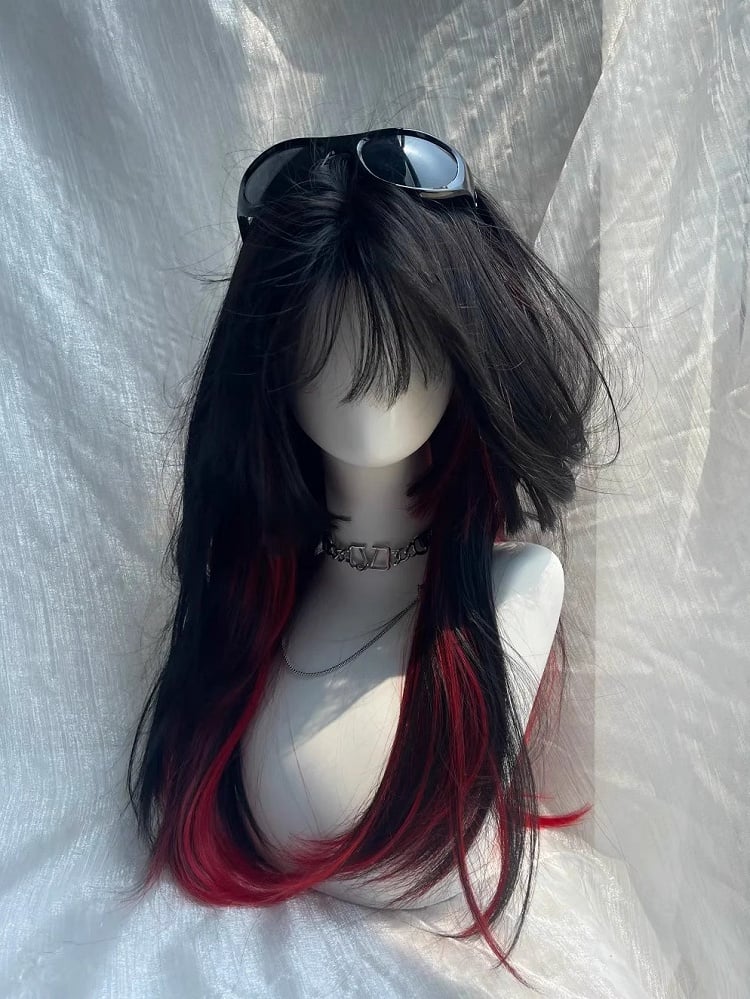 Black with 65CM Bangs Wig Full Straight Red Long Highlight