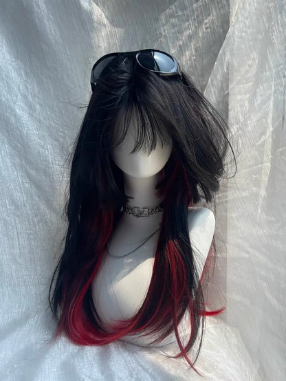 Black with 65CM Bangs Wig Full Straight Red Long Highlight