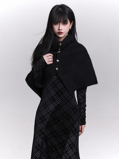Rear Shawl Black Neck Mock Placket Buttoned Knitted - Slit Detail