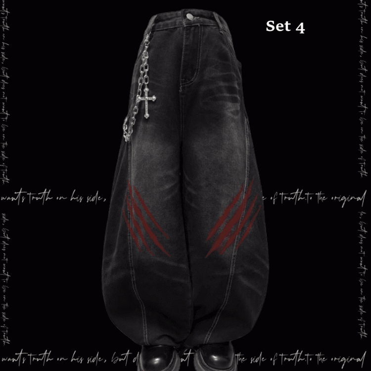 Weite Jeans mit verblasstem Kratzmuster und Used-Look im Punk-Look in verwaschenem Schwarz