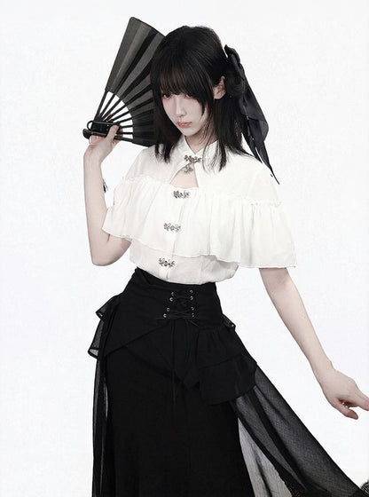 White Metal Frog Closure Blouse with Ruffles - PINK SAVIOR