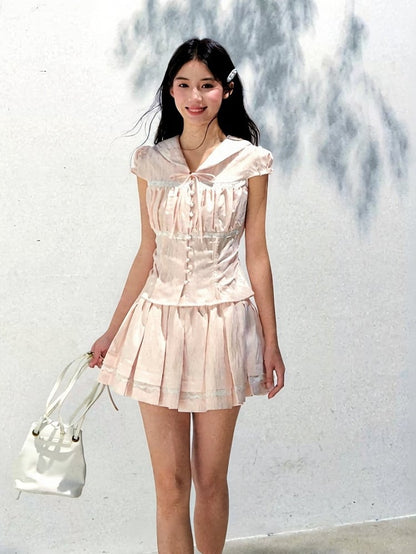Ruffled Lace and Skirt Details with Pleats Pink