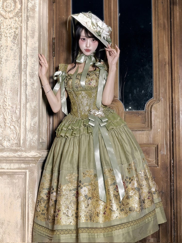 Dark Green Floral Lace Boned Corset with Satin Bow - Yimu Walnut