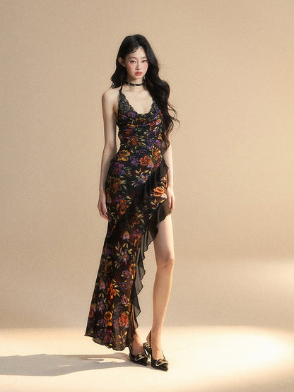 Blumenkleid Rock Schwarz Chiffon Neckholder Asymmetrische Meerjungfrau