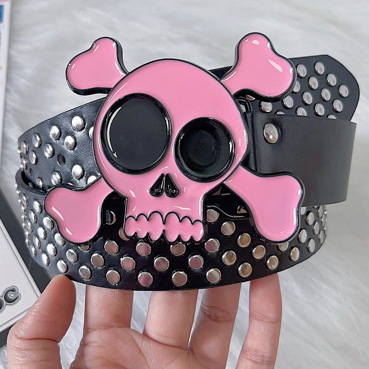 Modischer Gyaru verzierter Skelett-Taillengürtel aus PU in Schwarz und Rosa im Y2K-Stil