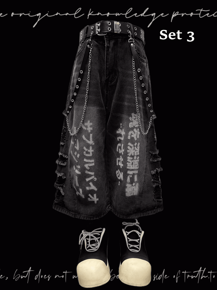 穴あき裾パンクフェードウォッシュダメージ加工ダークワイドレッグジーンズグレー