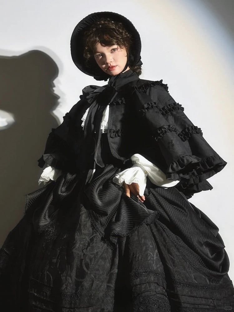 und Motorhaubenschleife mit Besatz, breitkrempiges Lolita-Spitzendetail, Schwarz/Grau/Braun