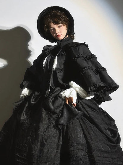 und Motorhaubenschleife mit Besatz, breitkrempiges Lolita-Spitzendetail, Schwarz/Grau/Braun