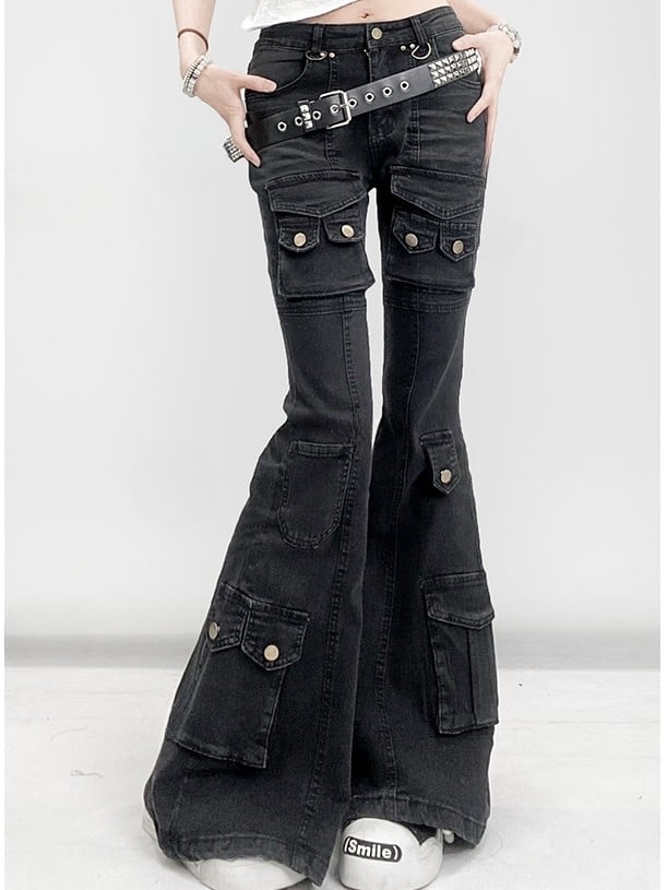 Silhouette Jeans With Multiple Pocket Accents Waist Flare Kawaii Black Glamorous Bittersweet Low