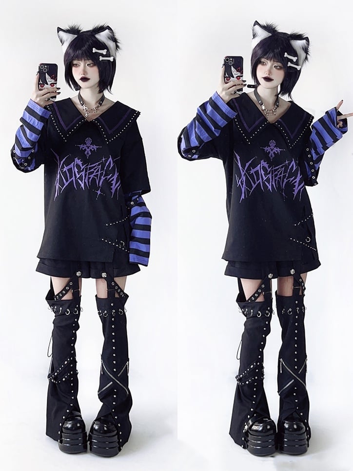 with in Sleeves Purple Pointed Black Top Graphic Contrast Striped White / Sailor Collar