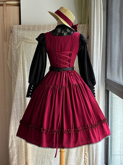 Red Elegant Classic Lolita JSK Dress with Ruffled Front Placket and Lace Trim