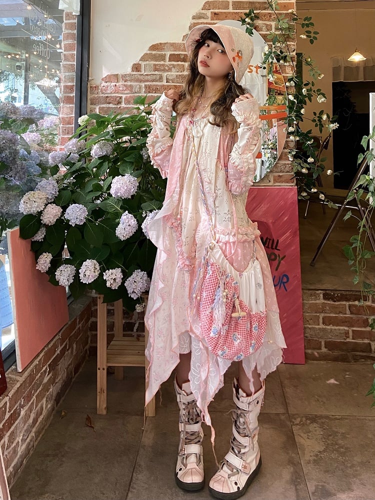 Beige Dress Hem Cami with Handkerchief Strap Trim Spaghetti Ruffle