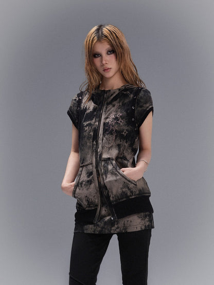 Hooded Rhinestone Grommet Straps with Gray Totem Tie-Dye Black Top Punk