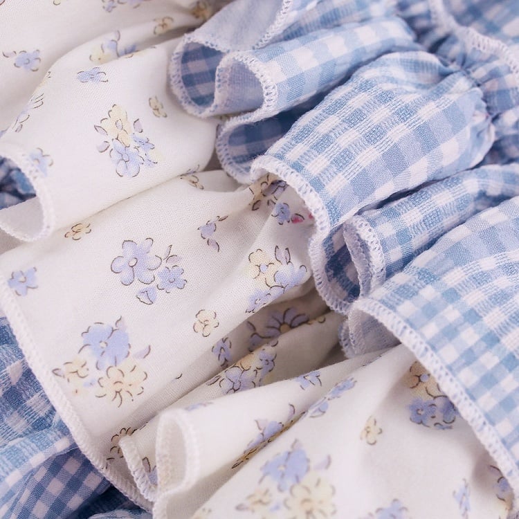 White Blue Plaid Floral Print Tiered Skirt with Built-In Shorts - serendipity