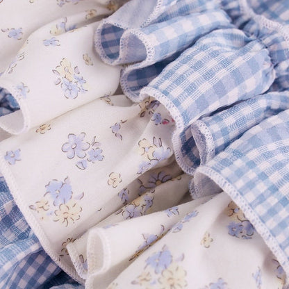 White Blue Plaid Floral Print Tiered Skirt with Built-In Shorts - serendipity