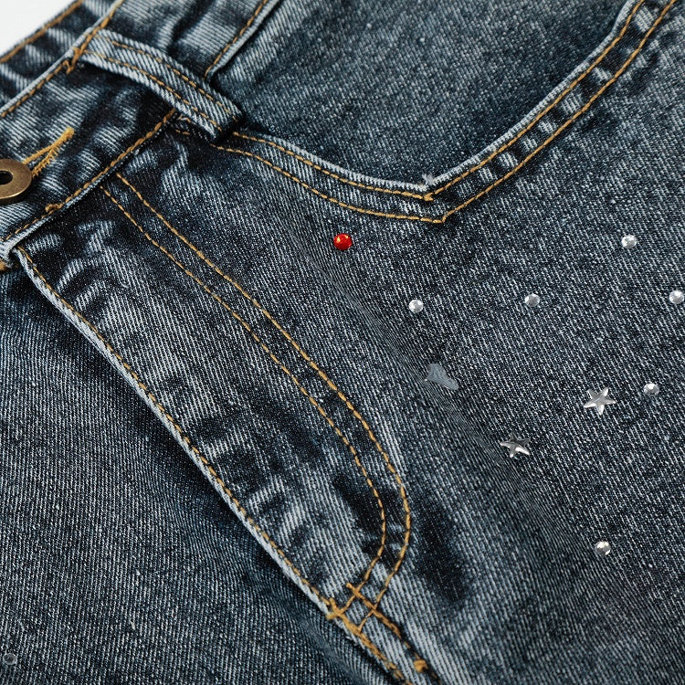 Washed Blue Cropped Wide Leg Rhinestone Jeans - Languid Park