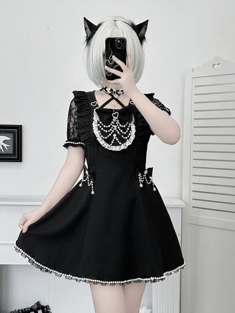 Black Bead Chain Decorated Short Sleeve Dress Set with Shorts and Bow Tie - Angel Share