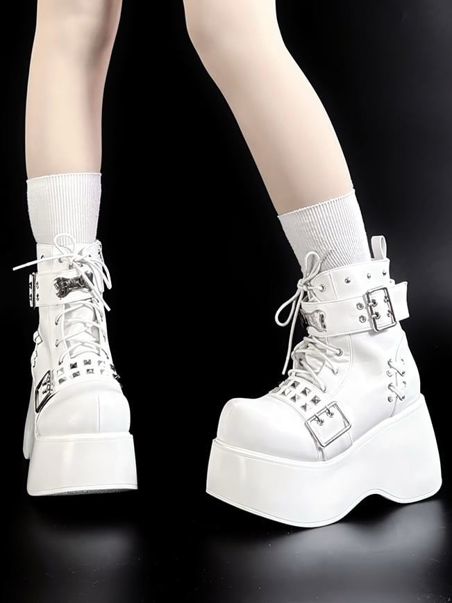 Matte White Punk Platform Boots – Stud, Bone & Lace-Up Strap Design