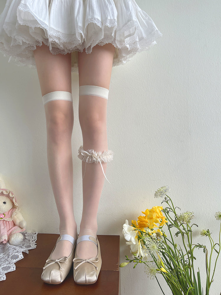 Stockings Creamy White Garter Set + Bow Leg Over Ruffled Knee