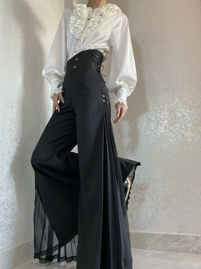 Pleated Ouji Wide-leg Pants High Fashion Chiffon Black Side Panel with Waist
