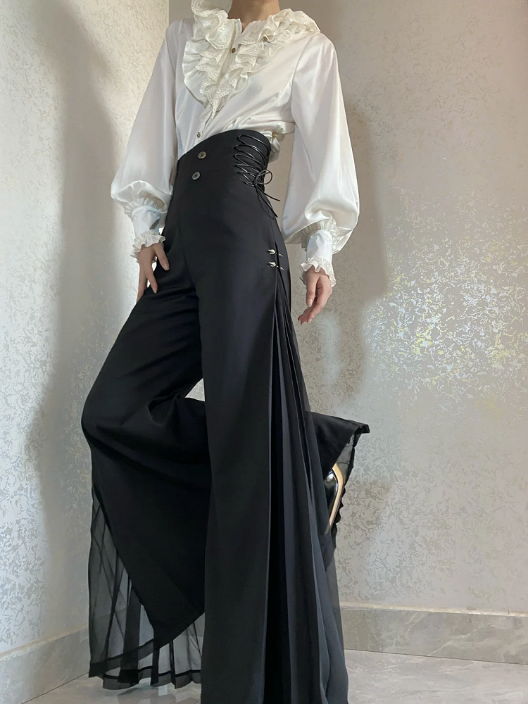 Ouji Style 110cm High Waist Wide-Leg Black Pants with Pleated Chiffon Panel - DevilInspired Exclusive Collection