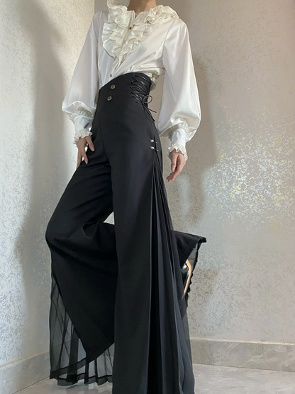 Ouji Style 110cm High Waist Wide-Leg Black Pants with Pleated Chiffon Panel - DevilInspired Exclusive Collection