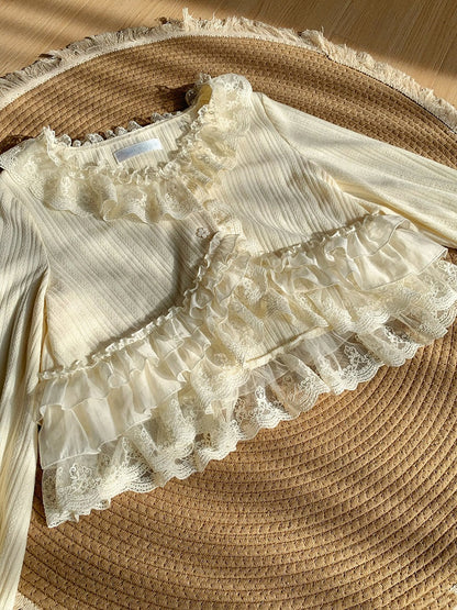 Cream Knit Top Spring/Autumn for Lolita Caidigan Trimmed Lace