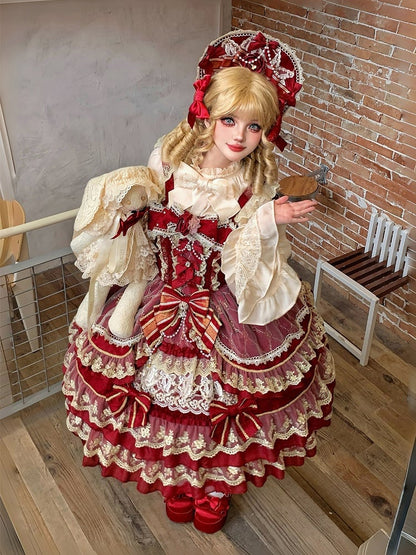 Kleid Kette Rot Wunderschöne Perle Prinzessin Ausschnitt Lolita Blume Schleife