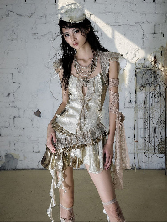 Gold Satin Two-Piece Asymmetrical Dress with Ruffle - NO ROMANCE