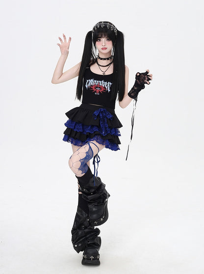 Contrast Blue Lace Trim Black Elastic Tiered Skirt Y2K Waist