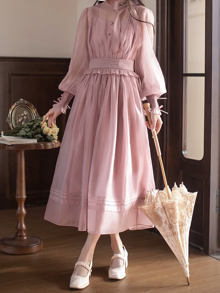 Manschetten Elastisches Mesh-Kleid Altrosa Elegante Details mit Bischofsärmeln Schleife