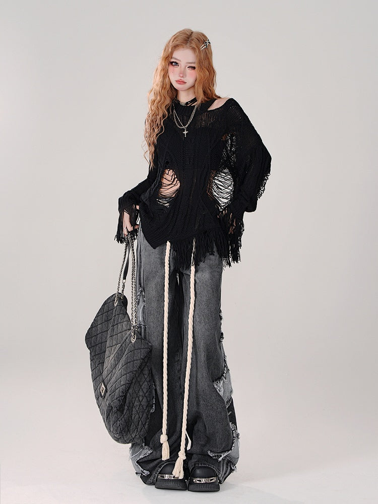 Black Knit Distressed Asymmetrical Top Design Lightweight -