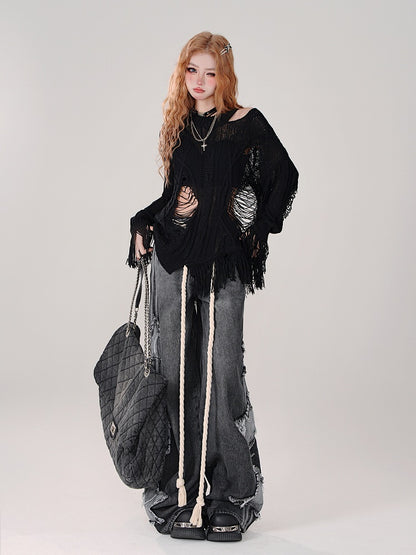 Black Knit Distressed Asymmetrical Top Design Lightweight -