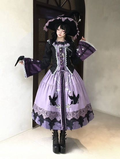 Purple Long Black Skirt Crow Patch Lolita Set + Top Wicthy Gothic