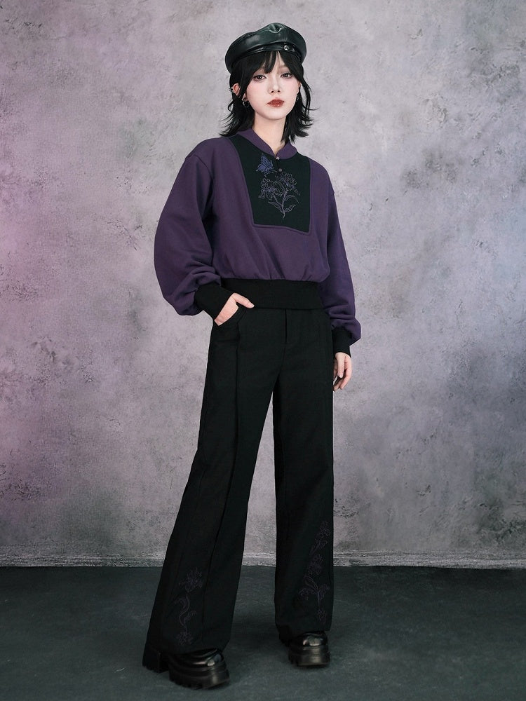 Gothic Black Flared Trousers with Asymmetrical Iris Embroidery - Quirky Hut