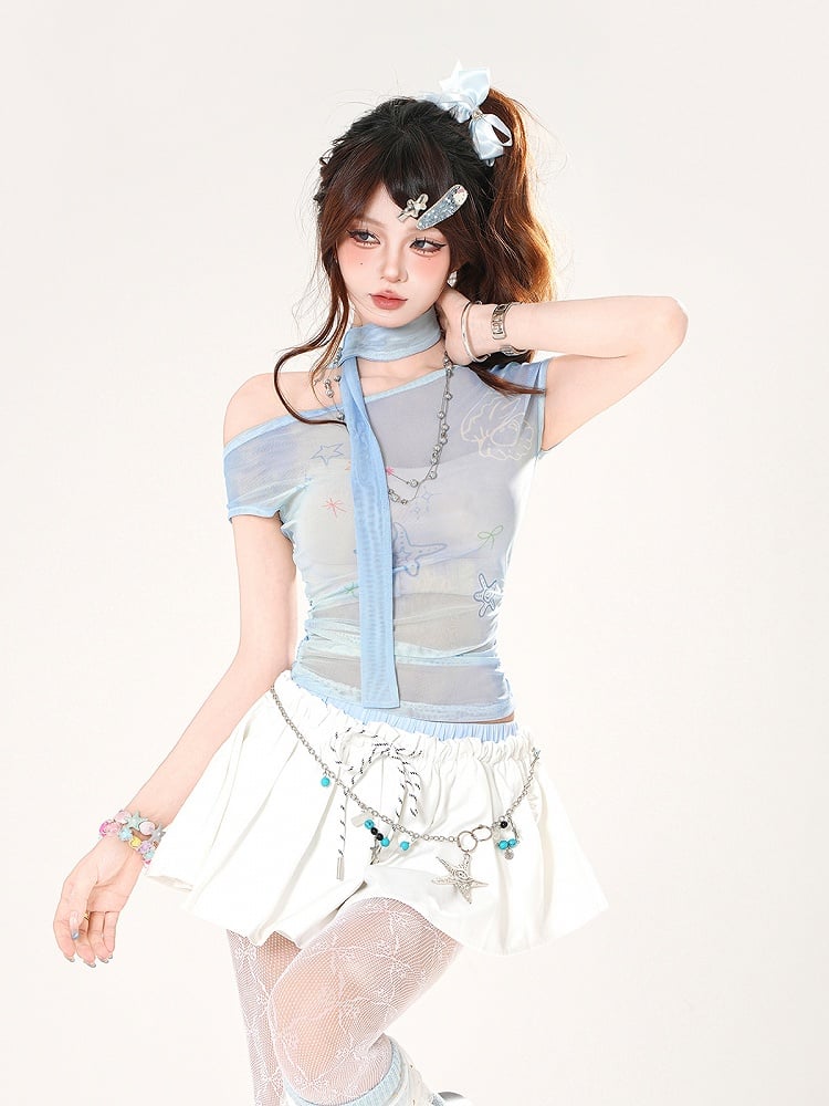 Seestern und T-Shirt-Muschel, halbtransparent, mit asymmetrischem Ausschnitt, blauer Aufdruck, gratis Schal