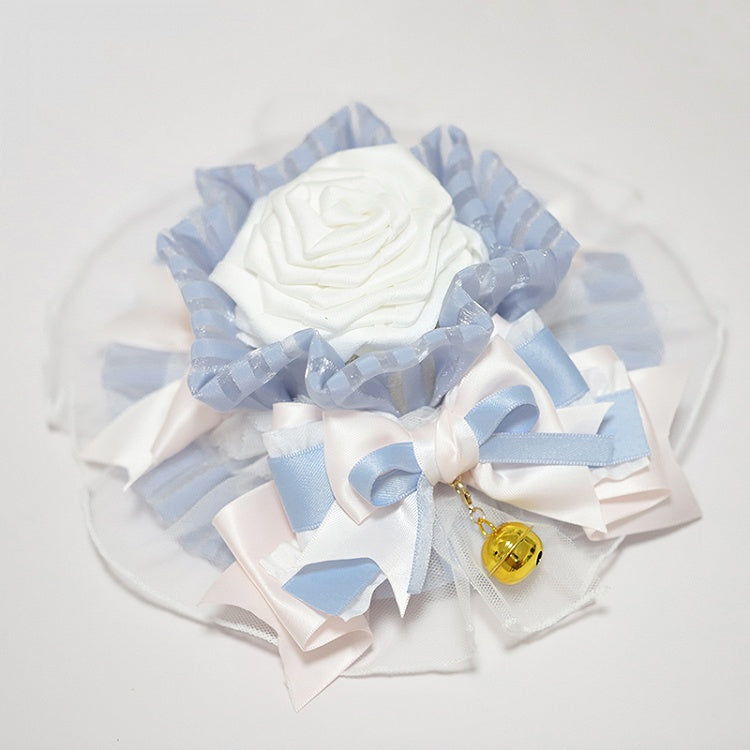 Blue Charm/Cat Lolita Hat and Mini White Ear with Flower Golden Trim Hairclips Lace Bell